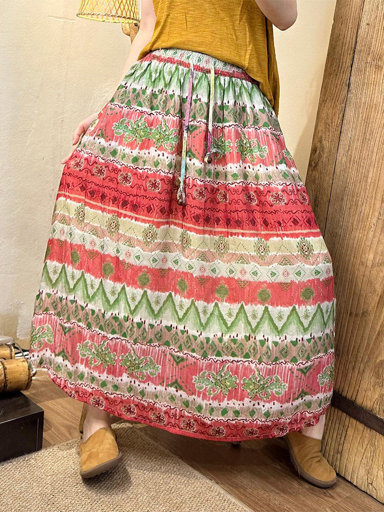 Women Summer Artsy Leaf Linen A-Shape Skirt KL1005 Ada Fashion