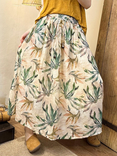 Women Summer Artsy Leaf Linen A-Shape Skirt KL1005 Ada Fashion