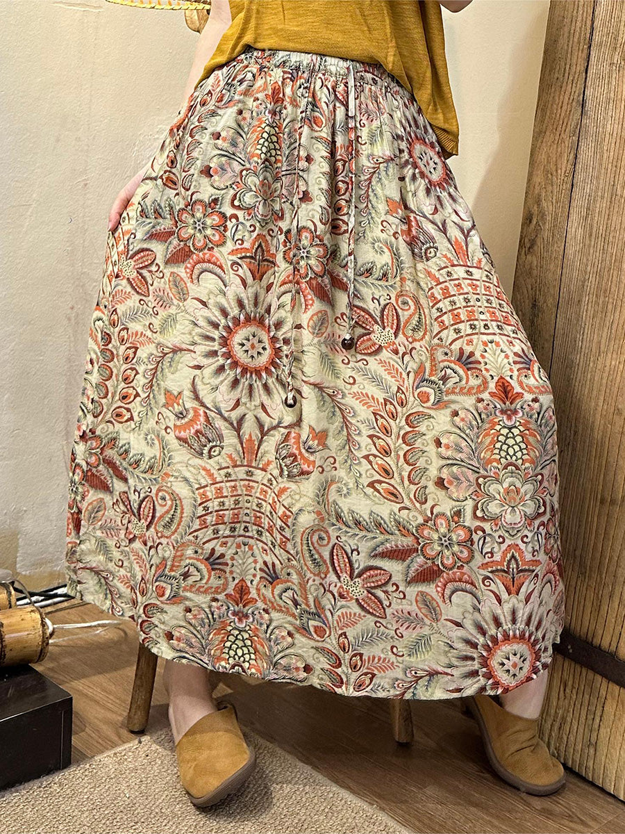 Women Summer Artsy Leaf Linen A-Shape Skirt KL1005 Ada Fashion