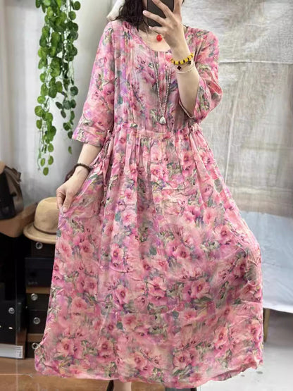 Women Vintage Flower Shirred Ramie Summer Loose Dress KL1004 Ada Fashion