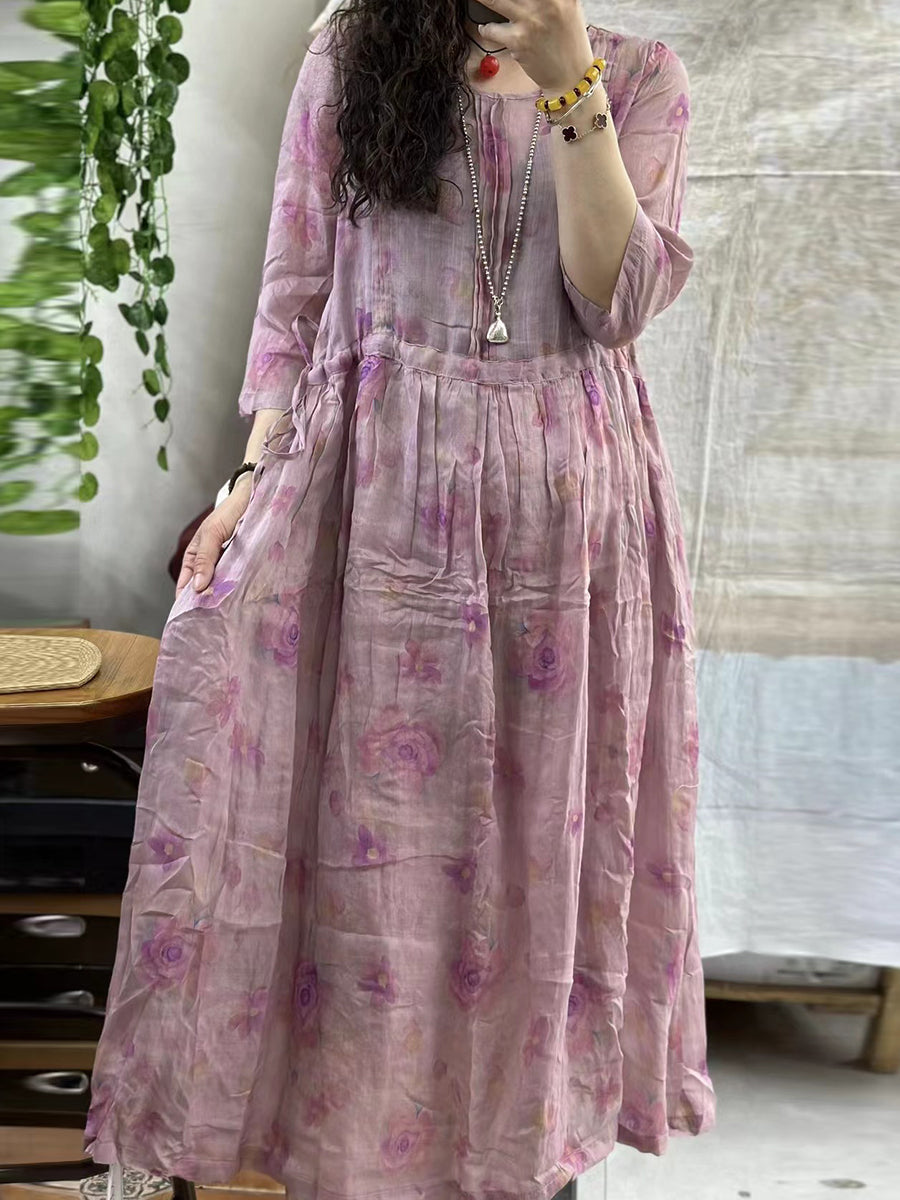 Women Vintage Flower Shirred Ramie Summer Loose Dress KL1004 Ada Fashion