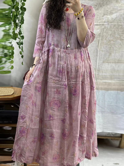 Women Vintage Flower Shirred Ramie Summer Loose Dress KL1004 Ada Fashion