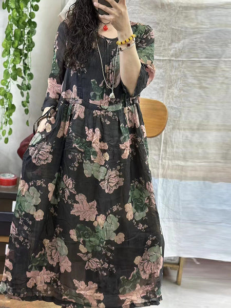 Women Vintage Flower Shirred Ramie Summer Loose Dress KL1004 Ada Fashion