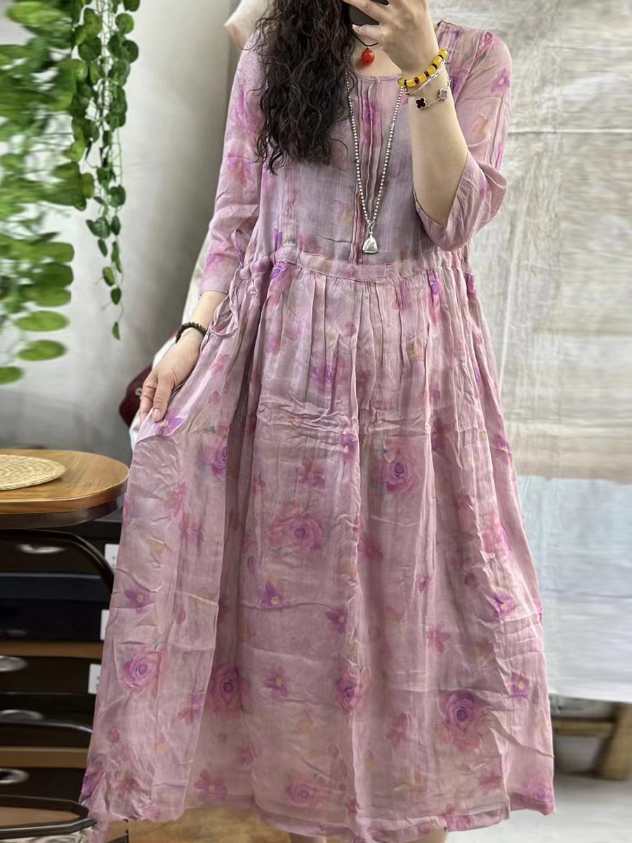 Women Vintage Flower Shirred Ramie Summer Loose Dress KL1004 Ada Fashion