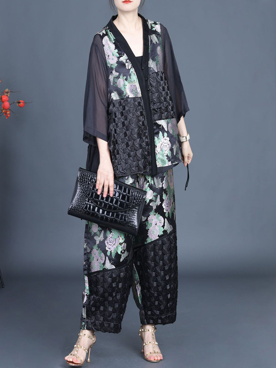 Women Summer Ethnic Flower Spliced Shirt+Pants KL1015 Ada Fashion