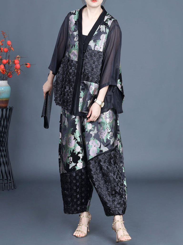 Women Summer Ethnic Flower Spliced Shirt+Pants KL1015 Ada Fashion