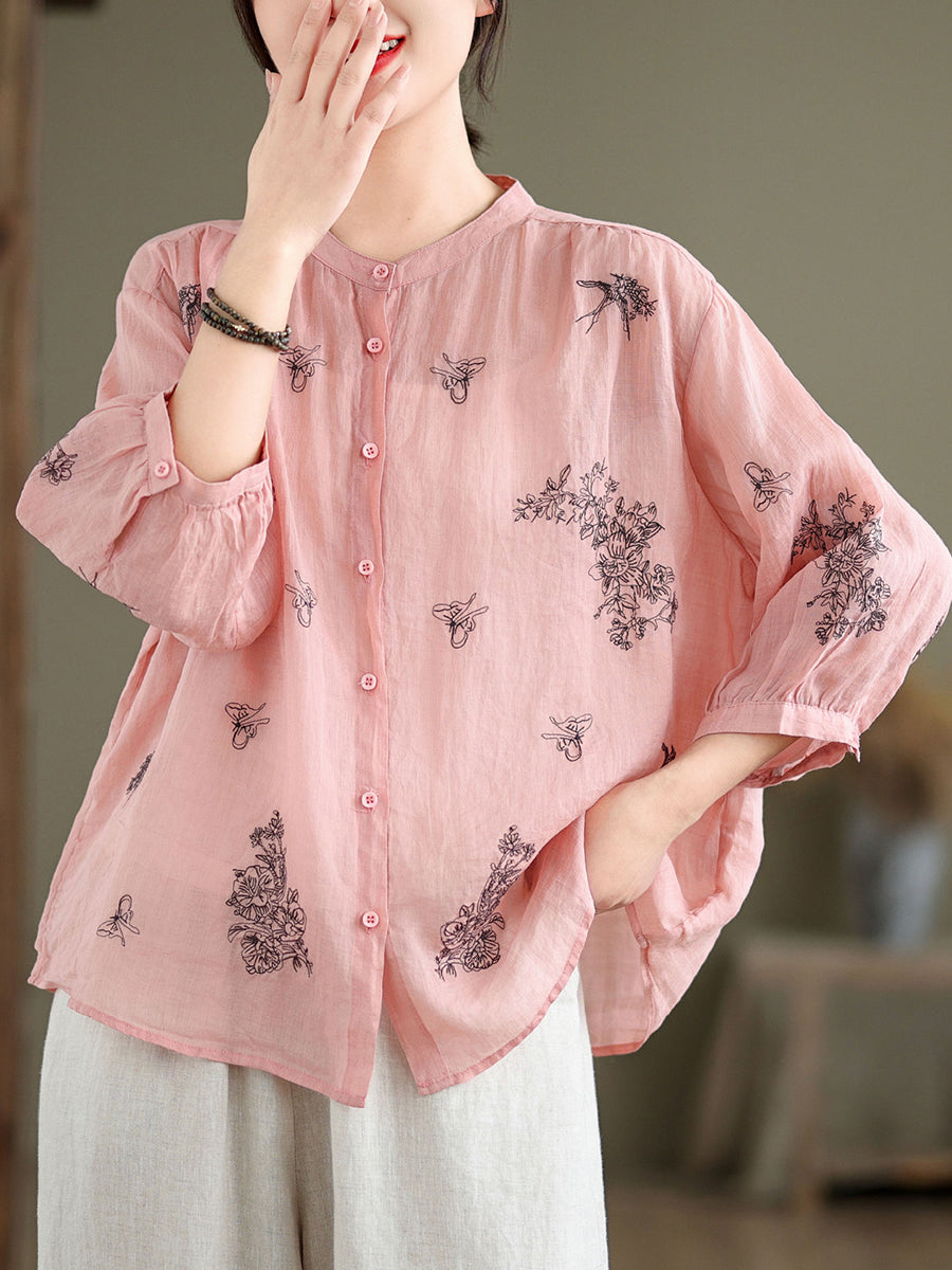 Women Artsy Flower Summer Ramie Blouse KL1018 Ada Fashion