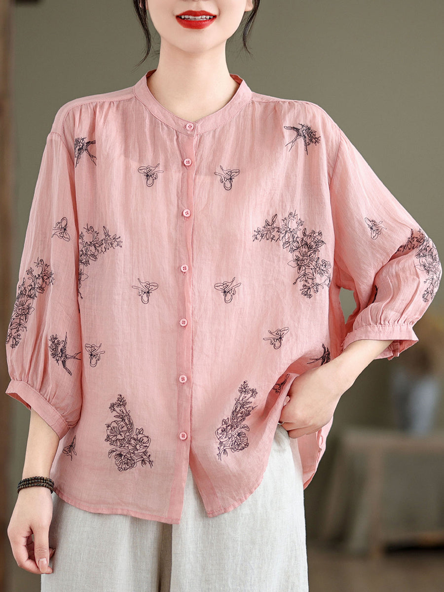 Women Artsy Flower Summer Ramie Blouse KL1018 Ada Fashion