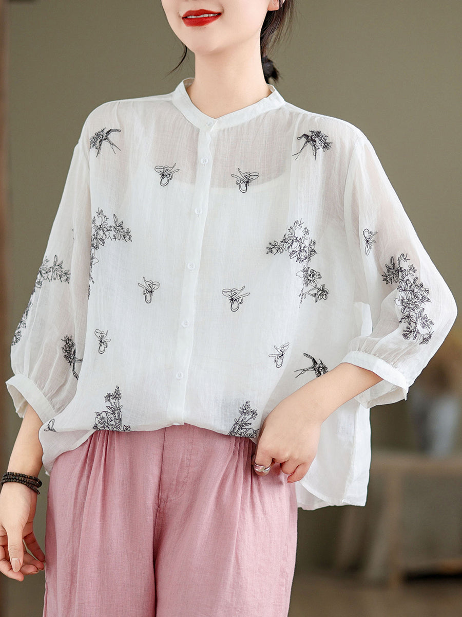 Women Artsy Flower Summer Ramie Blouse KL1018 Ada Fashion