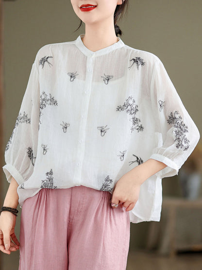 Women Artsy Flower Summer Ramie Blouse KL1018 Ada Fashion