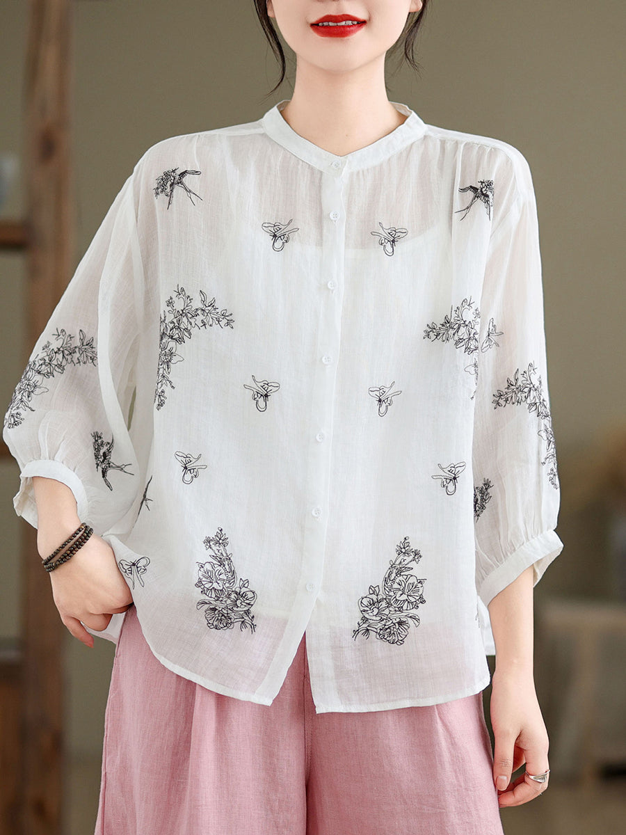 Women Artsy Flower Summer Ramie Blouse KL1018 Ada Fashion