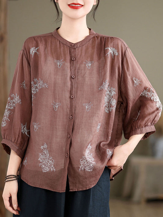 Women Artsy Flower Summer Ramie Blouse KL1018 Ada Fashion