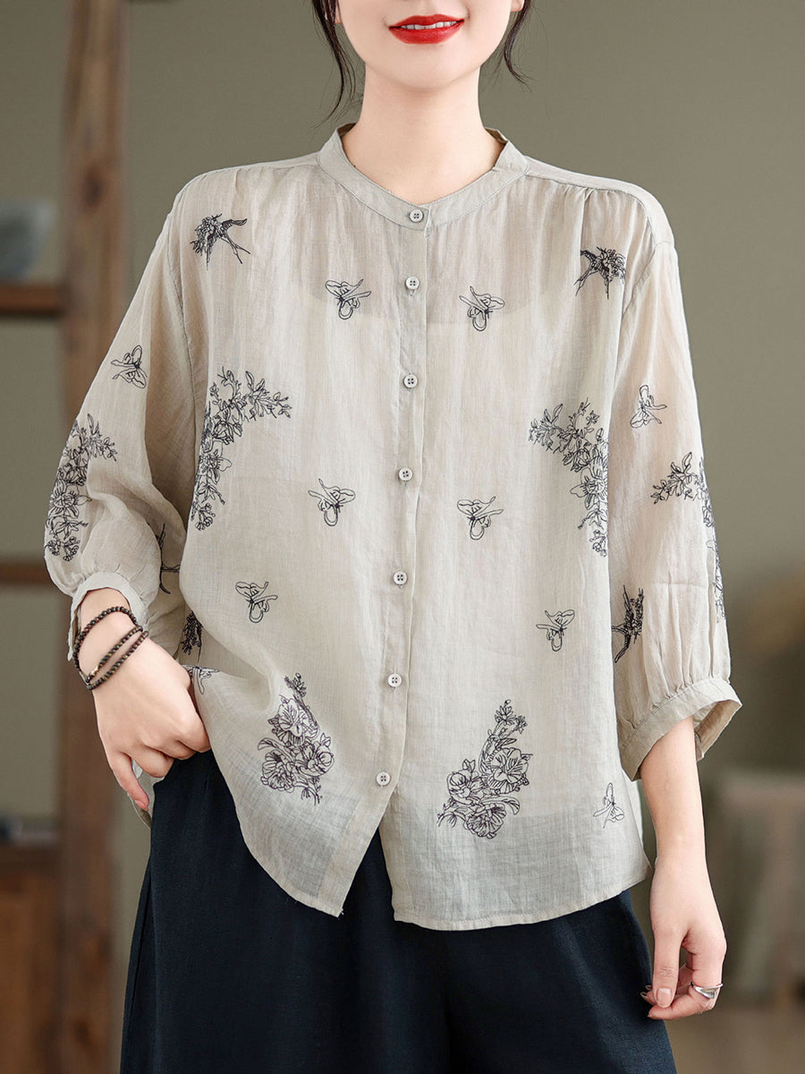 Women Artsy Flower Summer Ramie Blouse KL1018 Ada Fashion