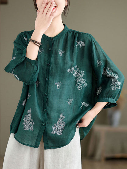 Women Artsy Flower Summer Ramie Blouse KL1018 Ada Fashion