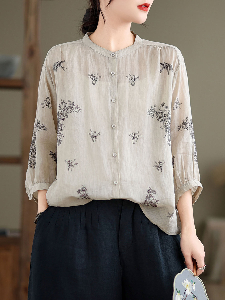 Women Artsy Flower Summer Ramie Blouse KL1018 Ada Fashion