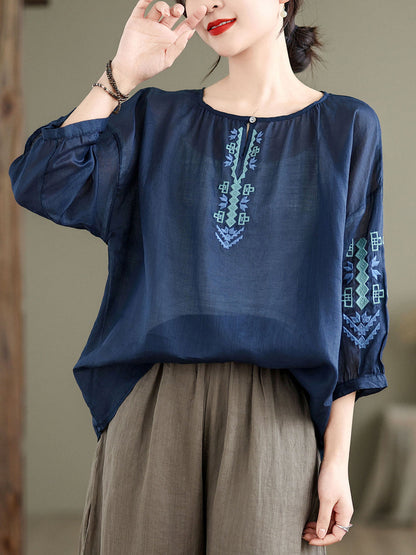 Women Artsy Summer Embroidery O-Neck Ramie Blouse KL1019 Ada Fashion