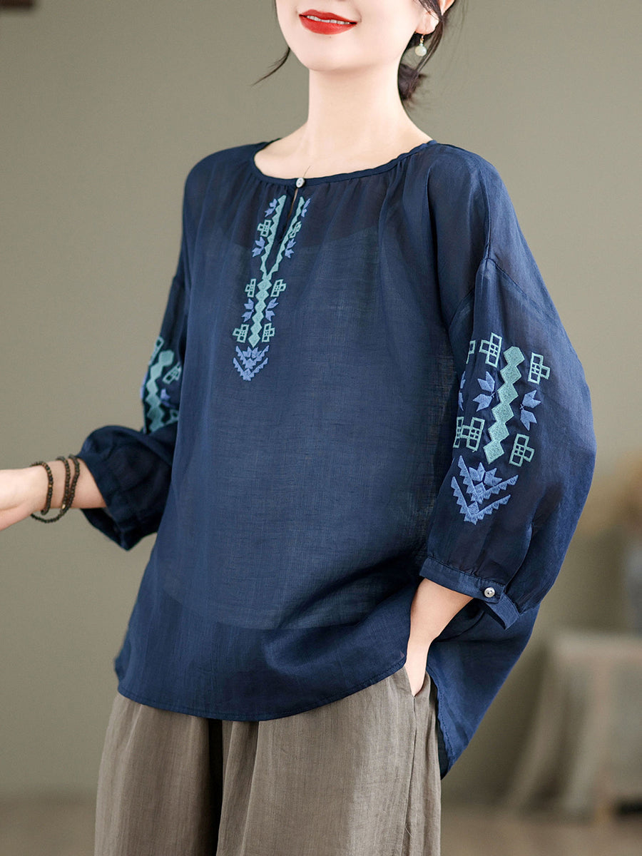 Women Artsy Summer Embroidery O-Neck Ramie Blouse KL1019 Ada Fashion