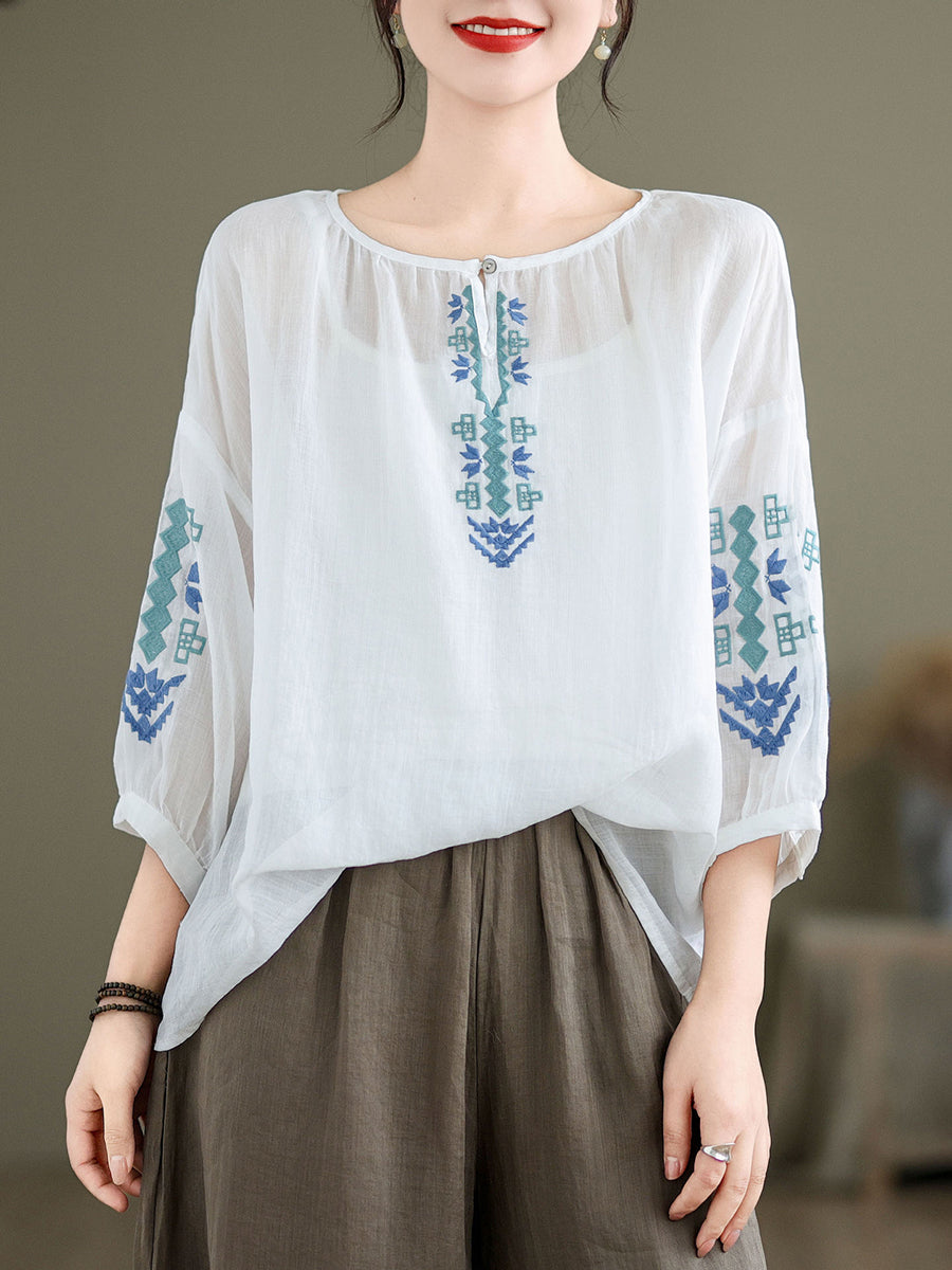 Women Artsy Summer Embroidery O-Neck Ramie Blouse KL1019 Ada Fashion