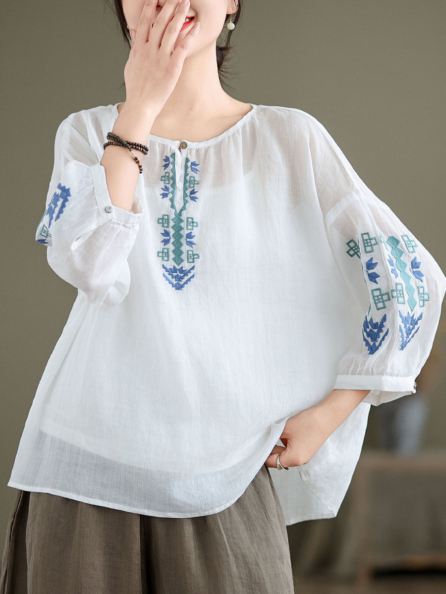 Women Artsy Summer Embroidery O-Neck Ramie Blouse KL1019 Ada Fashion