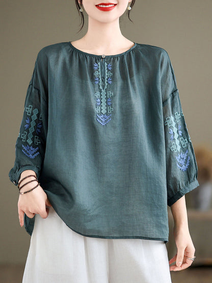 Women Artsy Summer Embroidery O-Neck Ramie Blouse KL1019 Ada Fashion