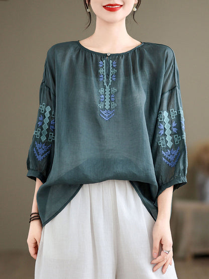 Women Artsy Summer Embroidery O-Neck Ramie Blouse KL1019 Ada Fashion