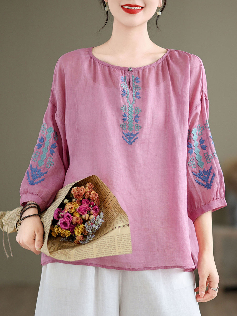 Women Artsy Summer Embroidery O-Neck Ramie Blouse KL1019 Ada Fashion