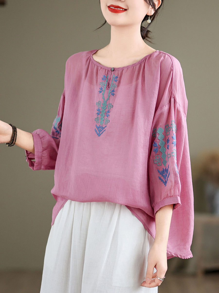 Women Artsy Summer Embroidery O-Neck Ramie Blouse KL1019 Ada Fashion