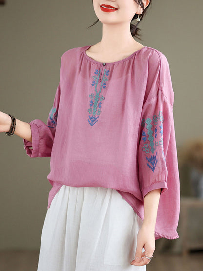 Women Artsy Summer Embroidery O-Neck Ramie Blouse KL1019 Ada Fashion