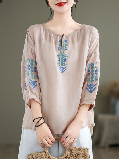 Women Artsy Summer Embroidery O-Neck Ramie Blouse KL1019 Ada Fashion