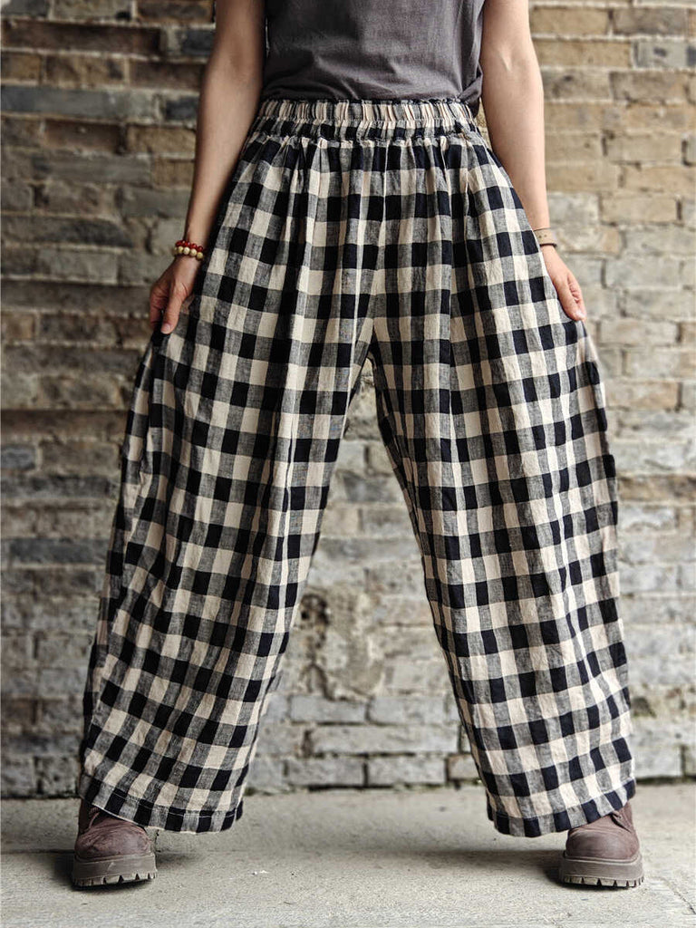 Plus Size Women Casual Plaid Cotton Linen Wide-leg Pants KL1031 Ada Fashion