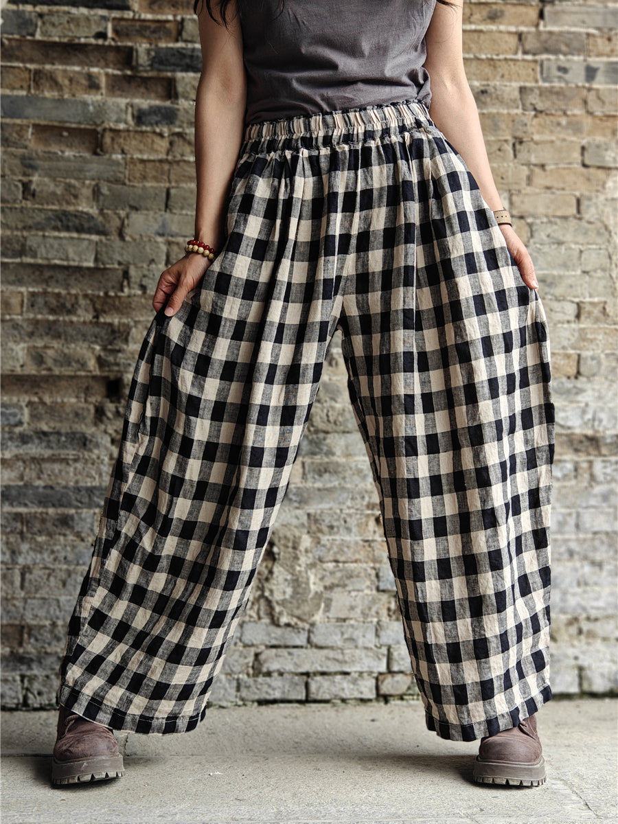 Plus Size Women Casual Plaid Cotton Linen Wide-leg Pants KL1031 Ada Fashion