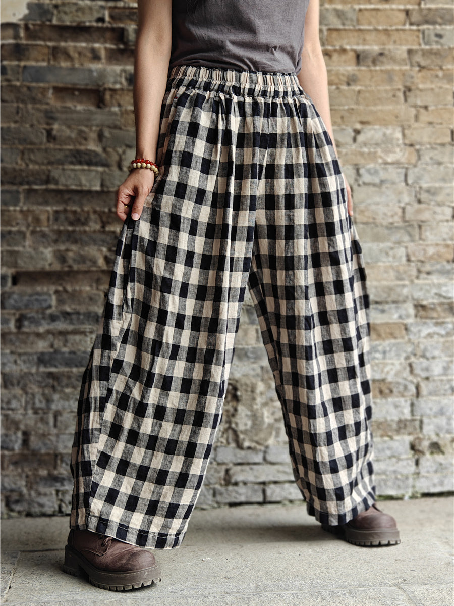 Plus Size Women Casual Plaid Cotton Linen Wide-leg Pants KL1031 Ada Fashion