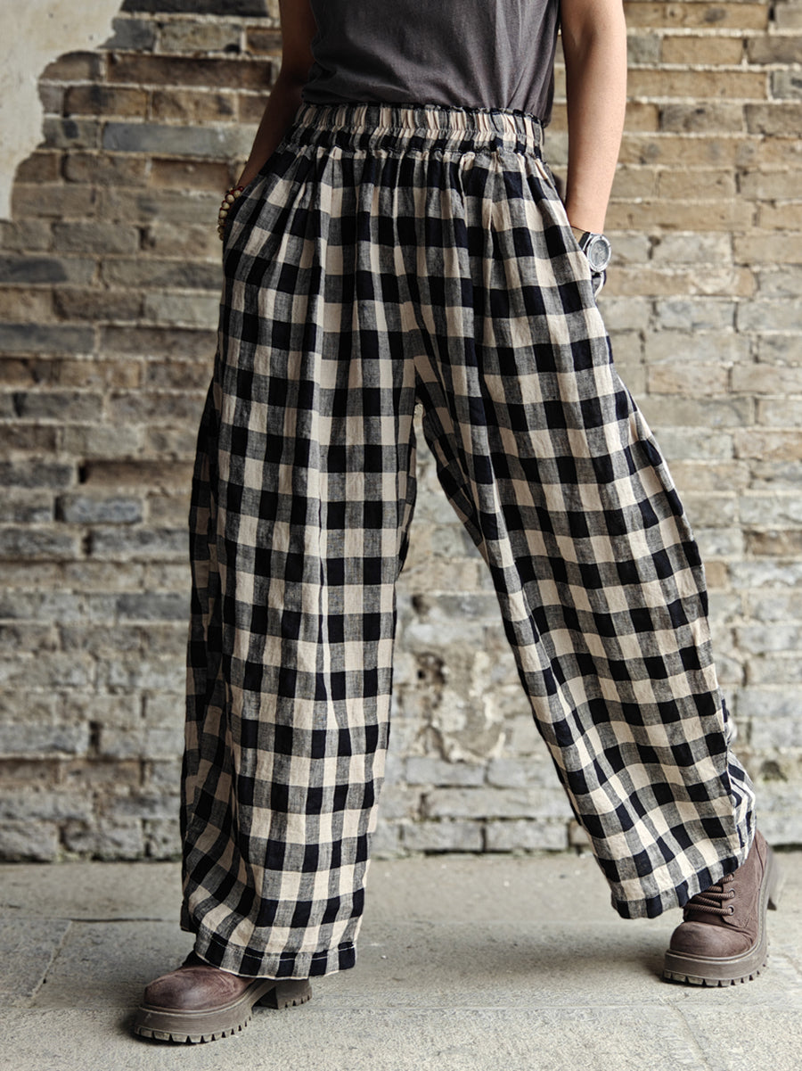 Plus Size Women Casual Plaid Cotton Linen Wide-leg Pants KL1031 Ada Fashion