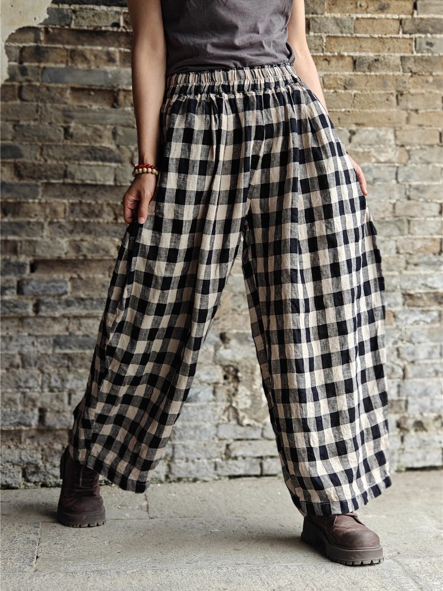 Plus Size Women Casual Plaid Cotton Linen Wide-leg Pants KL1031 Ada Fashion