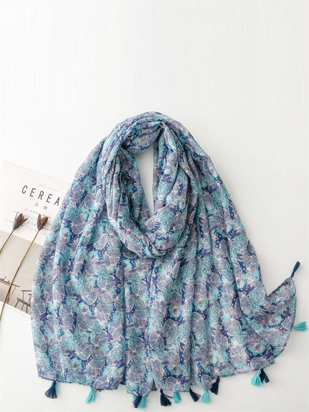 Women Summer Artsy Blue Pomegranate Flower Shawl Scarf SC1014 Ada Fashion