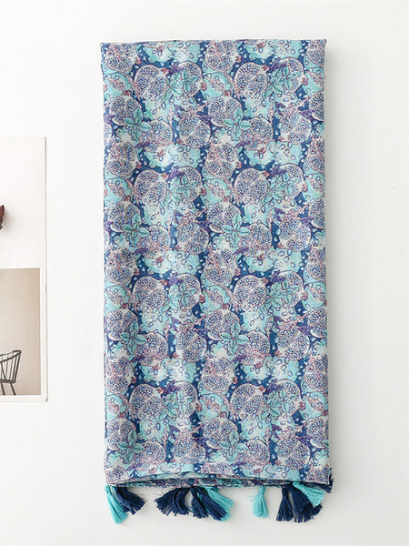 Women Summer Artsy Blue Pomegranate Flower Shawl Scarf SC1014 Ada Fashion