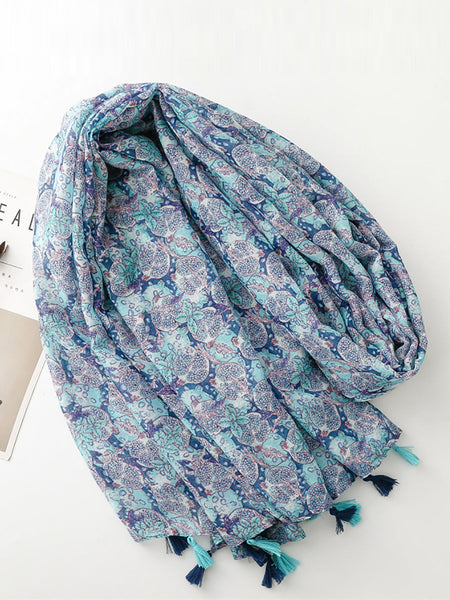 Women Summer Artsy Blue Pomegranate Flower Shawl Scarf SC1014 Ada Fashion