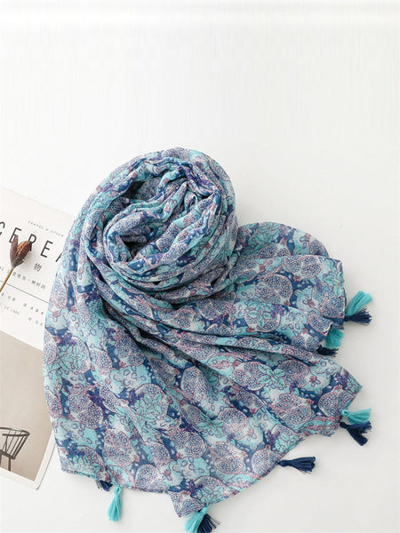 Women Summer Artsy Blue Pomegranate Flower Shawl Scarf SC1014 Ada Fashion