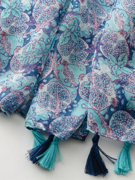 Women Summer Artsy Blue Pomegranate Flower Shawl Scarf SC1014 Ada Fashion