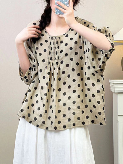 Women Summer Artsy Dot Shirred Ramie Loose Shirt SC1035 Ada Fashion