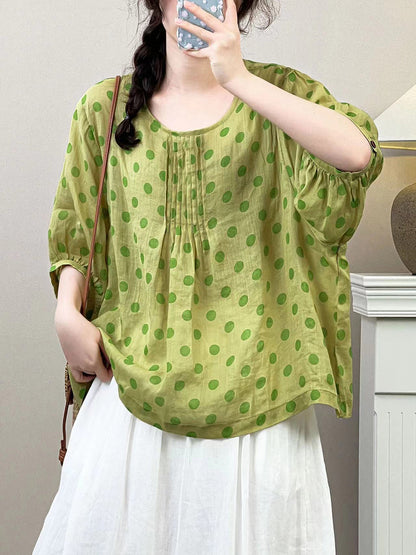 Women Summer Artsy Dot Shirred Ramie Loose Shirt SC1035 Ada Fashion