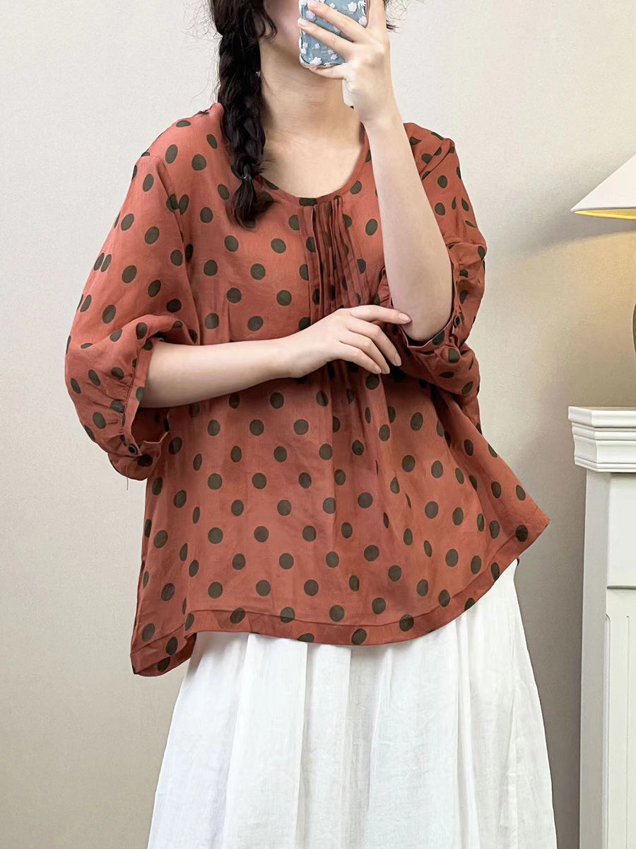 Women Summer Artsy Dot Shirred Ramie Loose Shirt SC1035 Ada Fashion