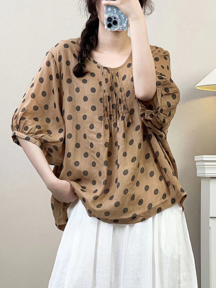 Women Summer Artsy Dot Shirred Ramie Loose Shirt SC1035 Ada Fashion