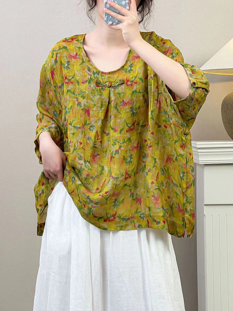 Women Summer Vintage Floral Ramie Pullover Shirt SC1036 Ada Fashion