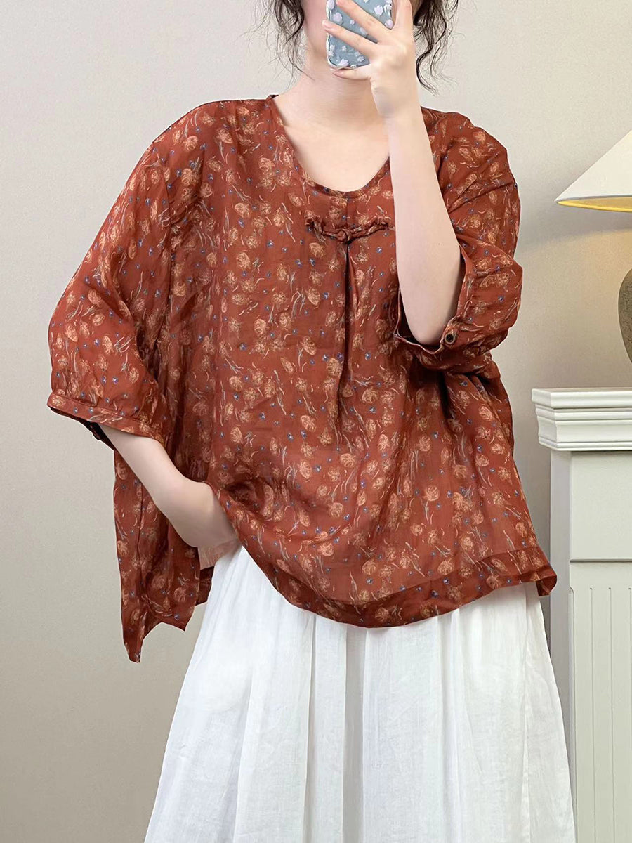 Women Summer Vintage Floral Ramie Pullover Shirt SC1036 Ada Fashion