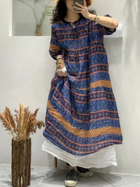 Women Summer Artsy Floral Spliced Ramie Loose Dress SC1038 Ada Fashion