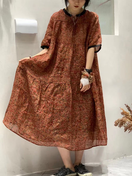 Women Summer Artsy Floral Spliced Ramie Loose Dress SC1038 Ada Fashion