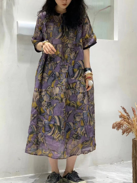 Women Summer Artsy Floral Spliced Ramie Loose Dress SC1038 Ada Fashion