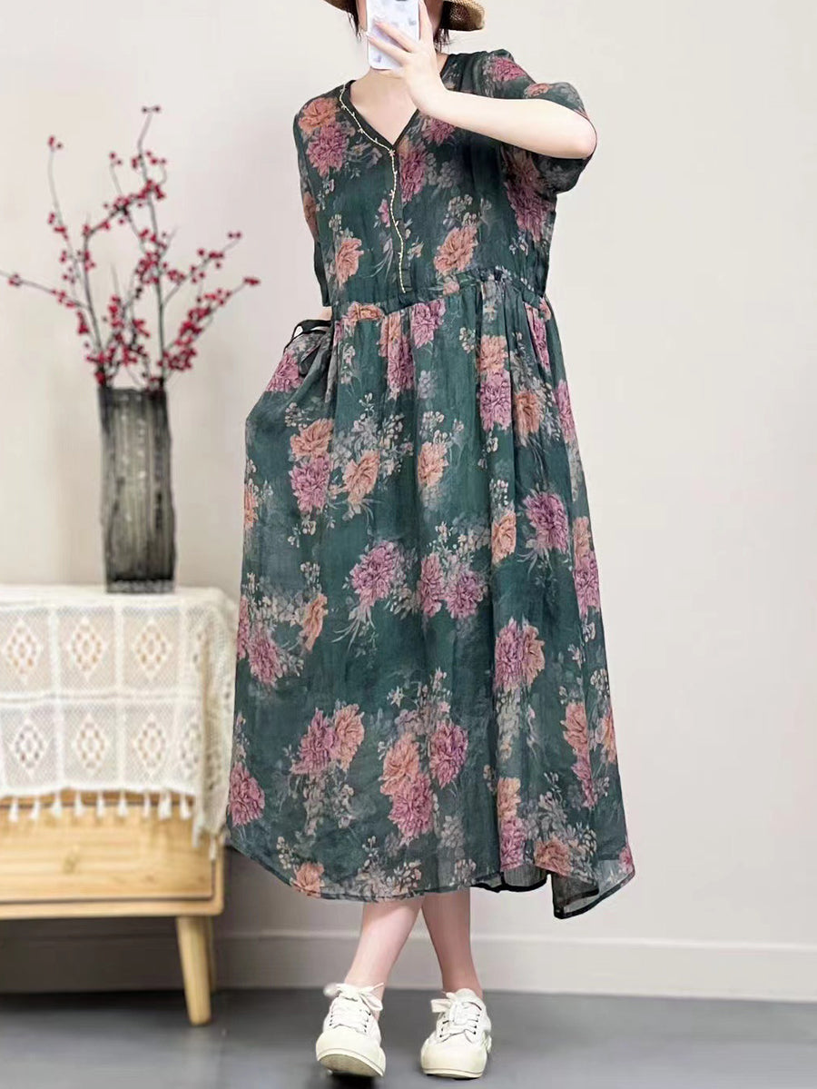 Women Vintage Summer Floral Ramie V-Neck Dress SC1001 Ada Fashion