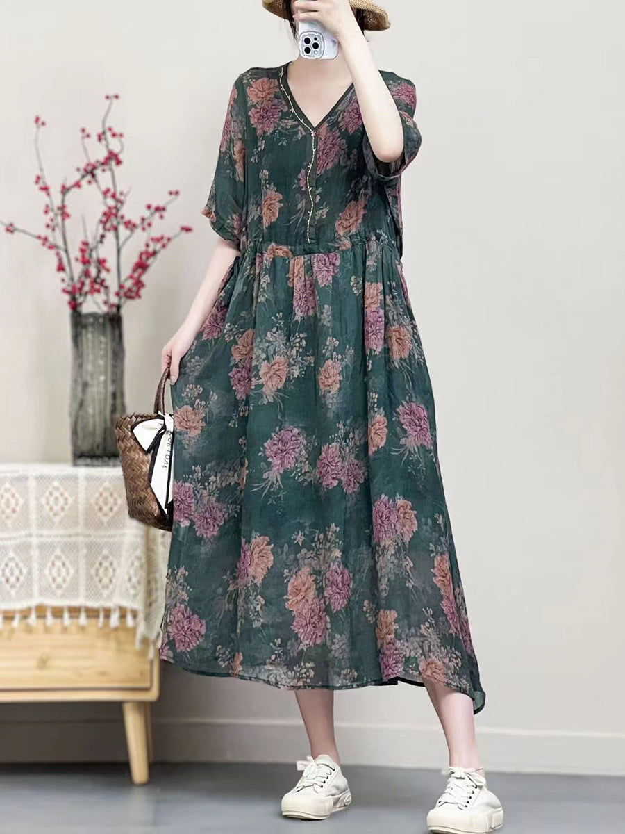 Women Vintage Summer Floral Ramie V-Neck Dress SC1001 Ada Fashion